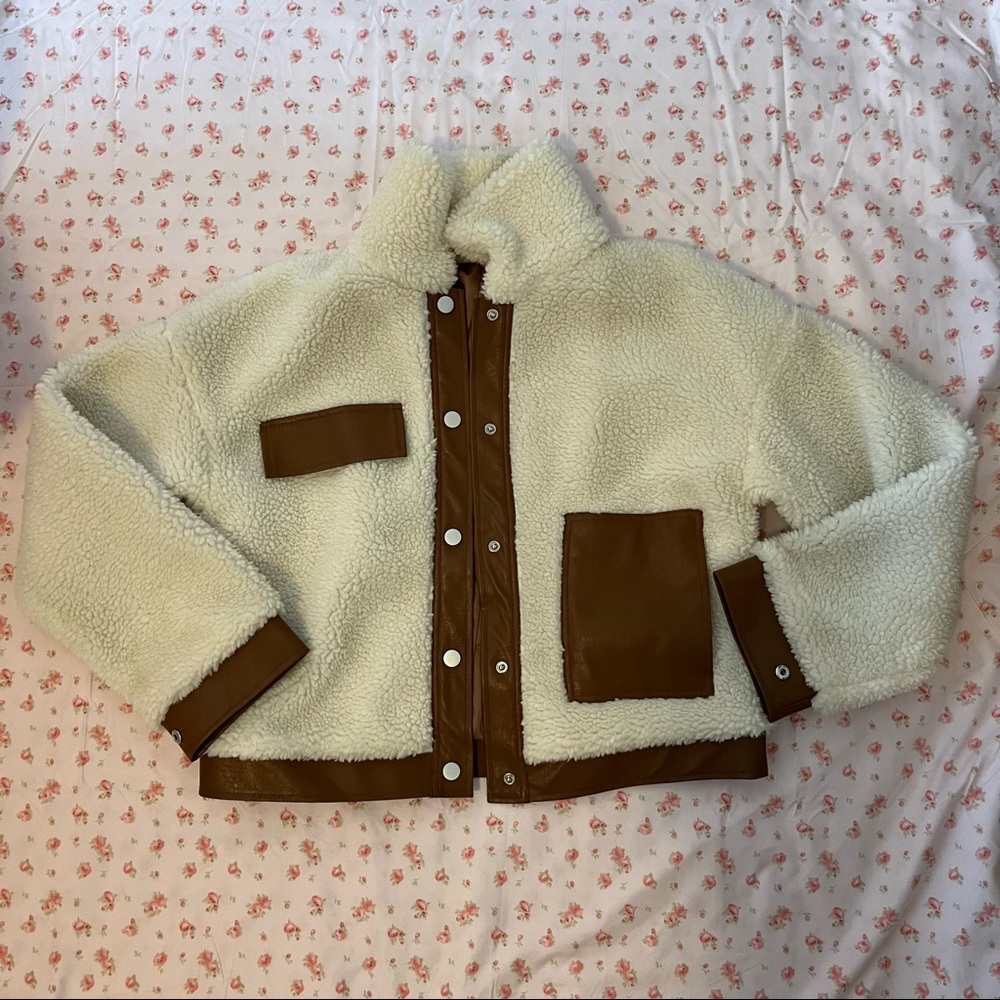White shearling Jacket with brown vegan leather trim